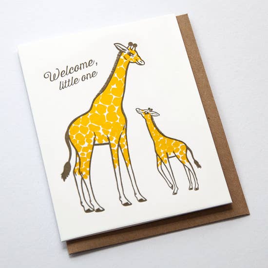 Cream greeting card with yellow mom and baby giraffe