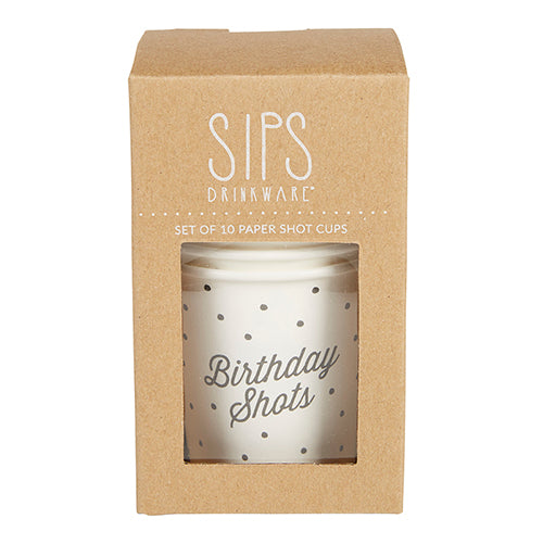 box containing happy birthday paper shot glasses with polkadots