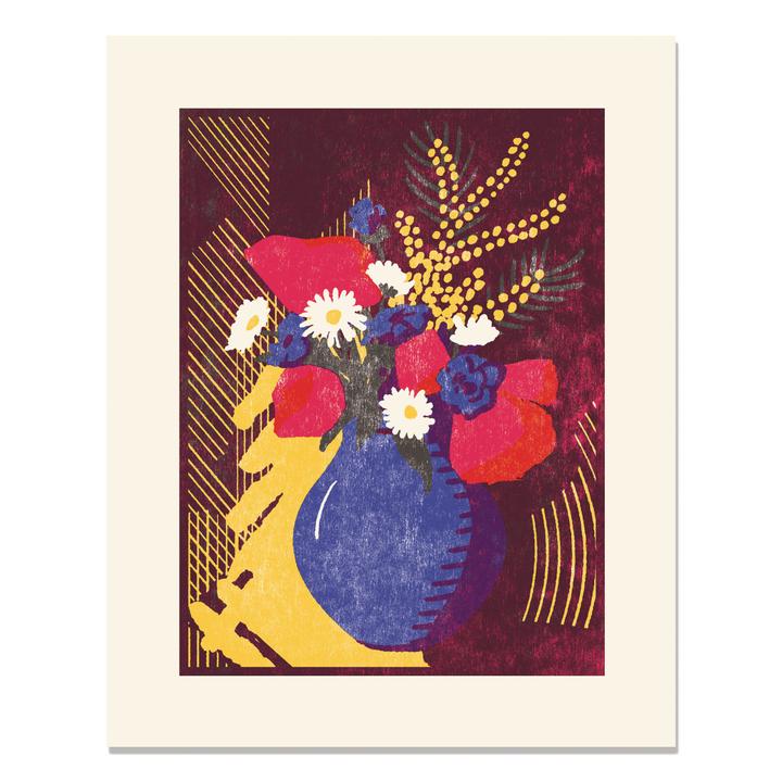 Letterpress print of blue vase with red blue and white flowers on brown and yellow back drop