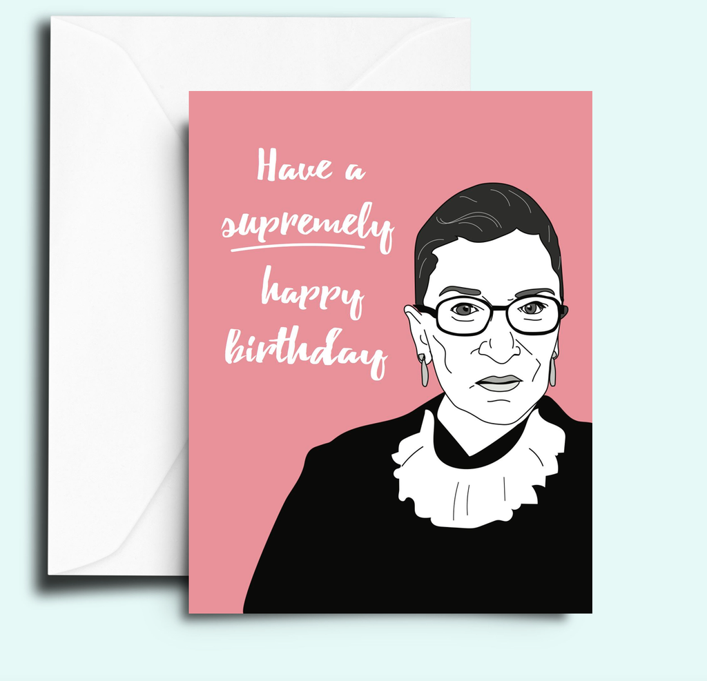 Birthday card with pink background and drawing of Ruth Bader Ginsburg