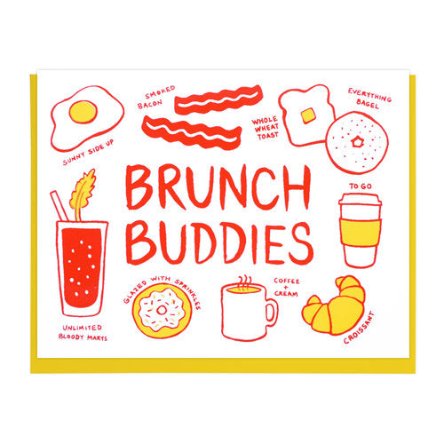 White greeting card with yellow envelope featuring selection of brunch foods in red and yellow