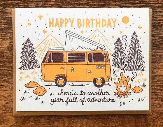 Cream birthday card with drawing of vintage VW van in woods