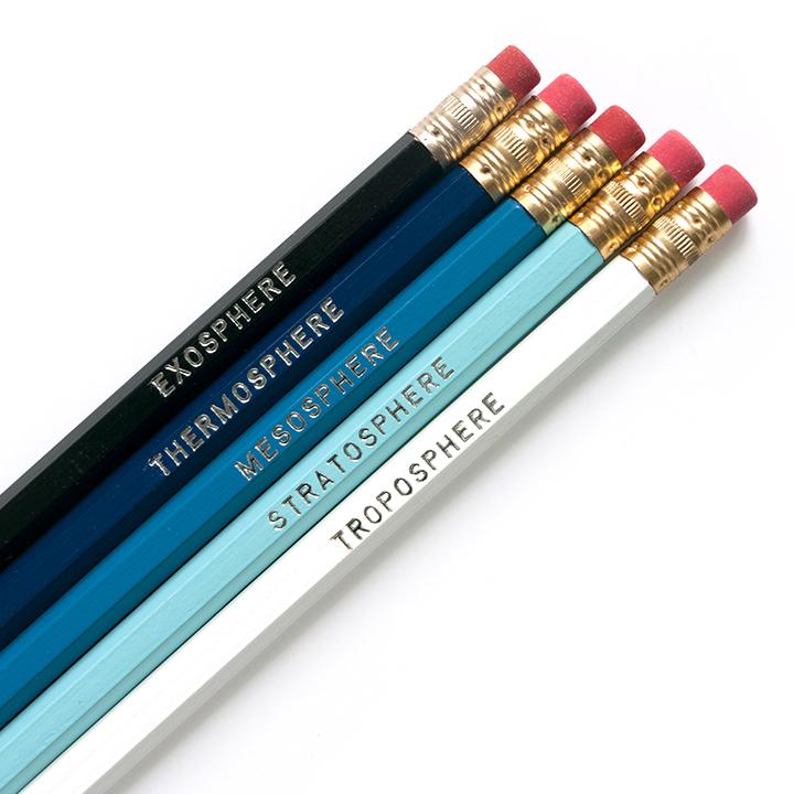 Dark blue to white ombre pencil set with atmosphere terms imprinted
