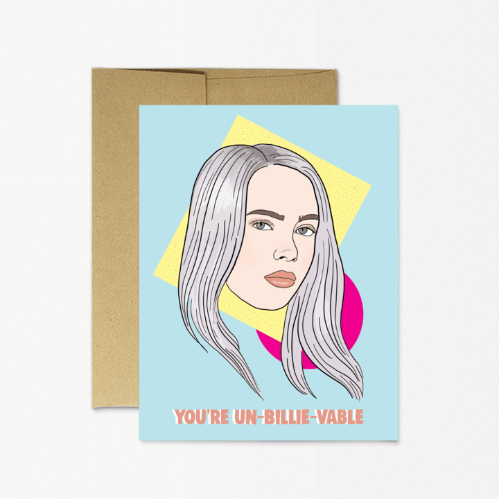Greeting card with blue background, geometric shapes, and artist rendition of Billie Eilish
