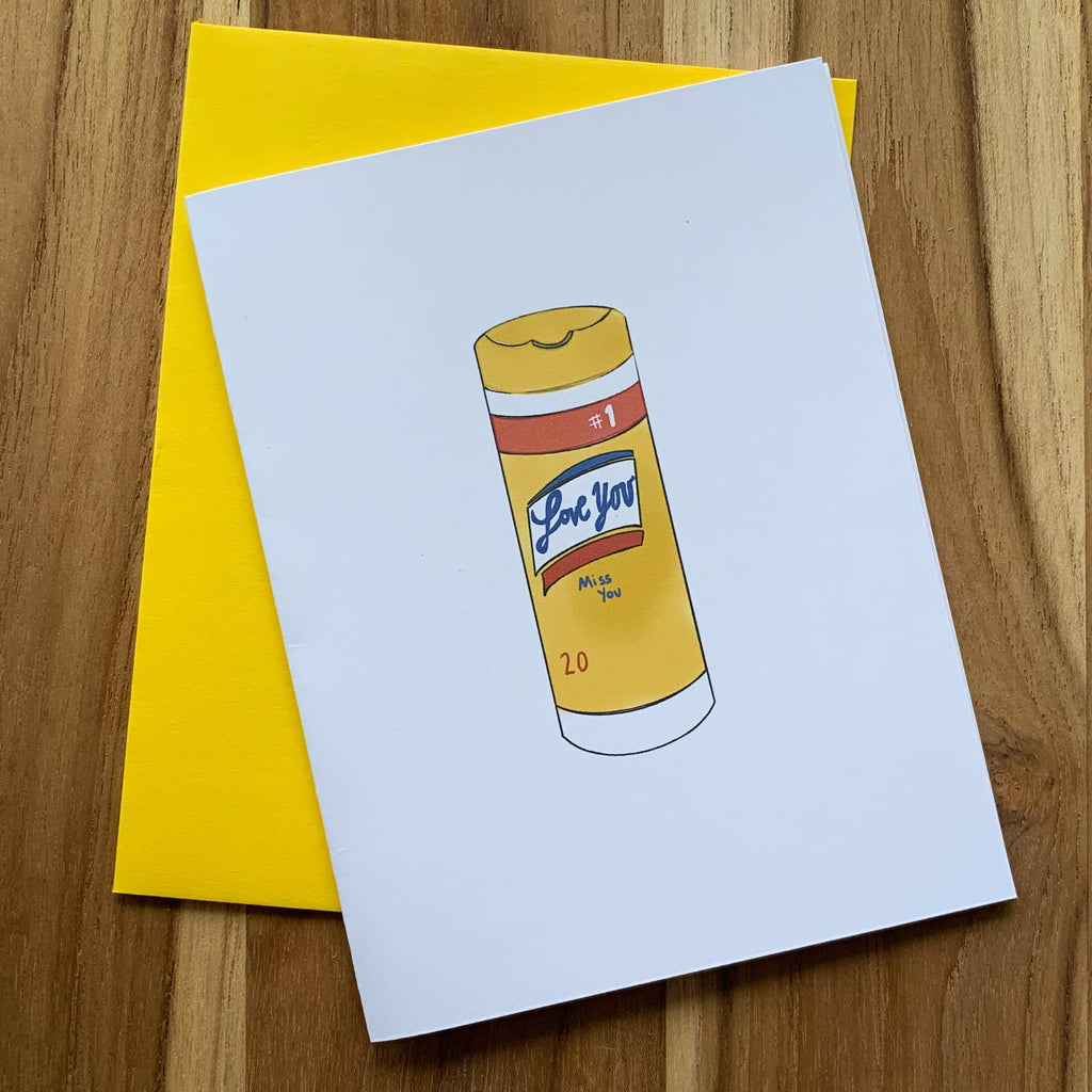 Greeting card with drawing of Lysol wipes on front