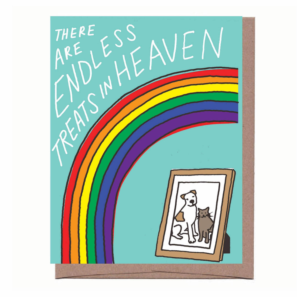 Card with teal background, bright rainbow, framed picture of dog and cat with sympathy message