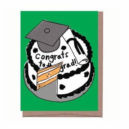 Scratch & Sniff Cake Graduation Card. White care with black frosting on green background