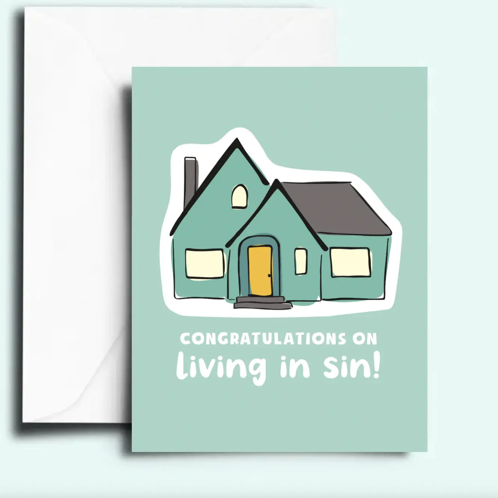 blue house with yellow door living in sin greeting card