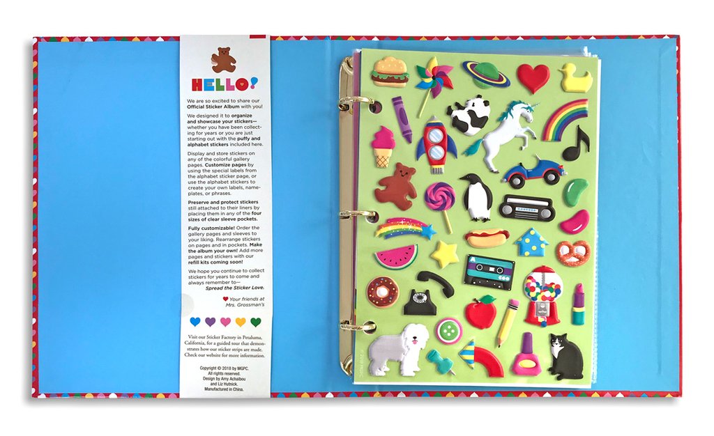 Interior of sticker album with blue background and sheet of puffy stickers