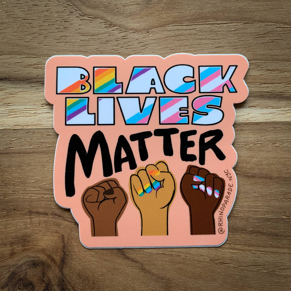 Black Lives Matter Sticker with 3 brown fists and LGPTQ and Trans flag