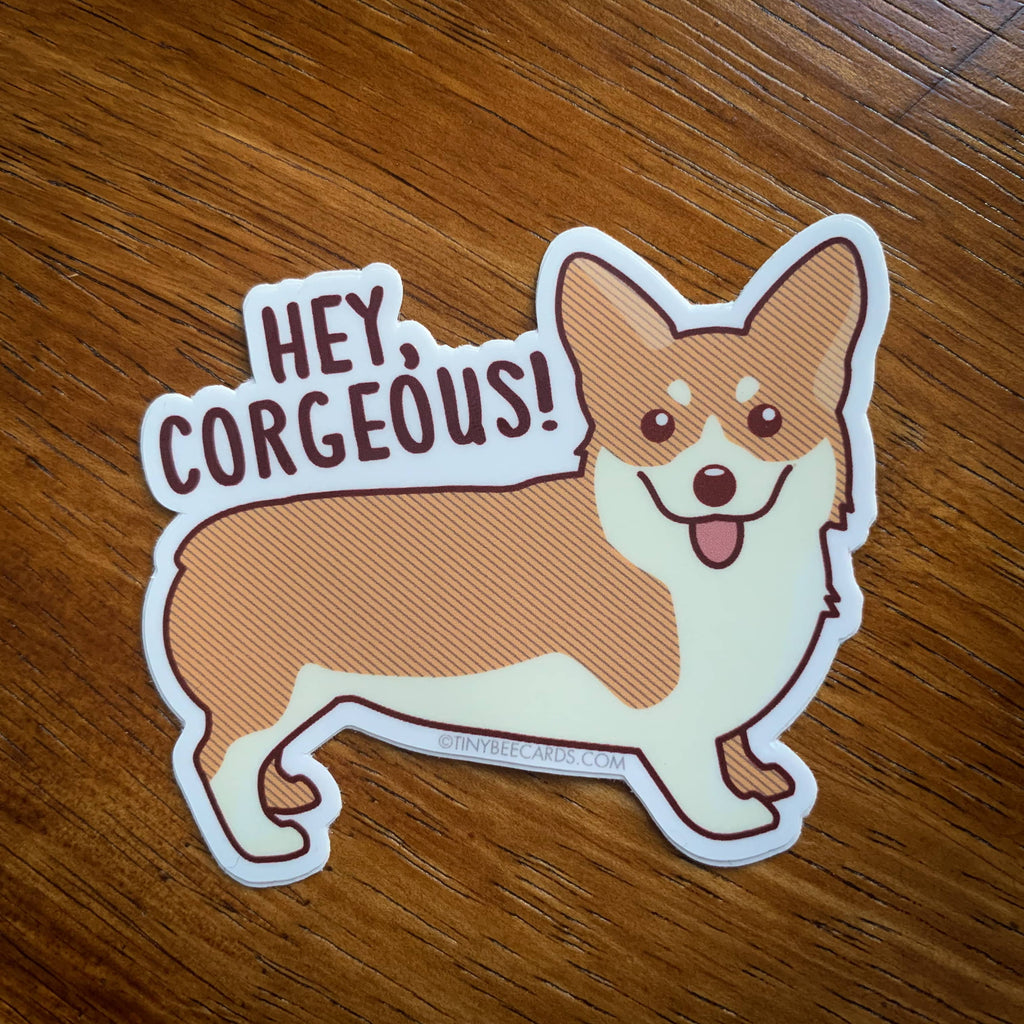 Corgi dog vinyl sticker saying hey corgeous!