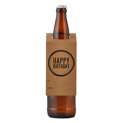 Bottle with craft brown paper happy birthday bottle tag