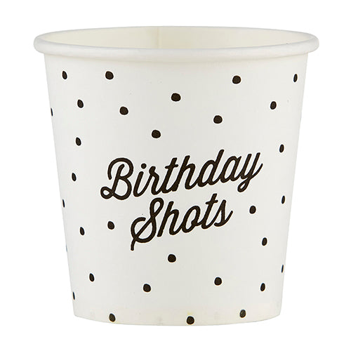 happy birthday paper shot glass with black polkadots