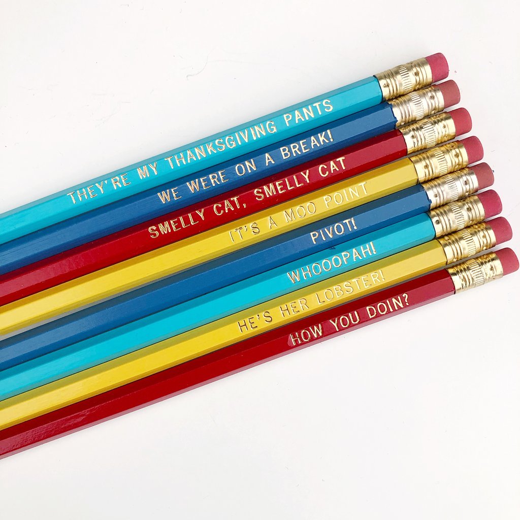 brightly colored pencils with quotes from the tv show friends