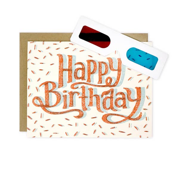 happy birthday card with red and blue ink and 3D glasses