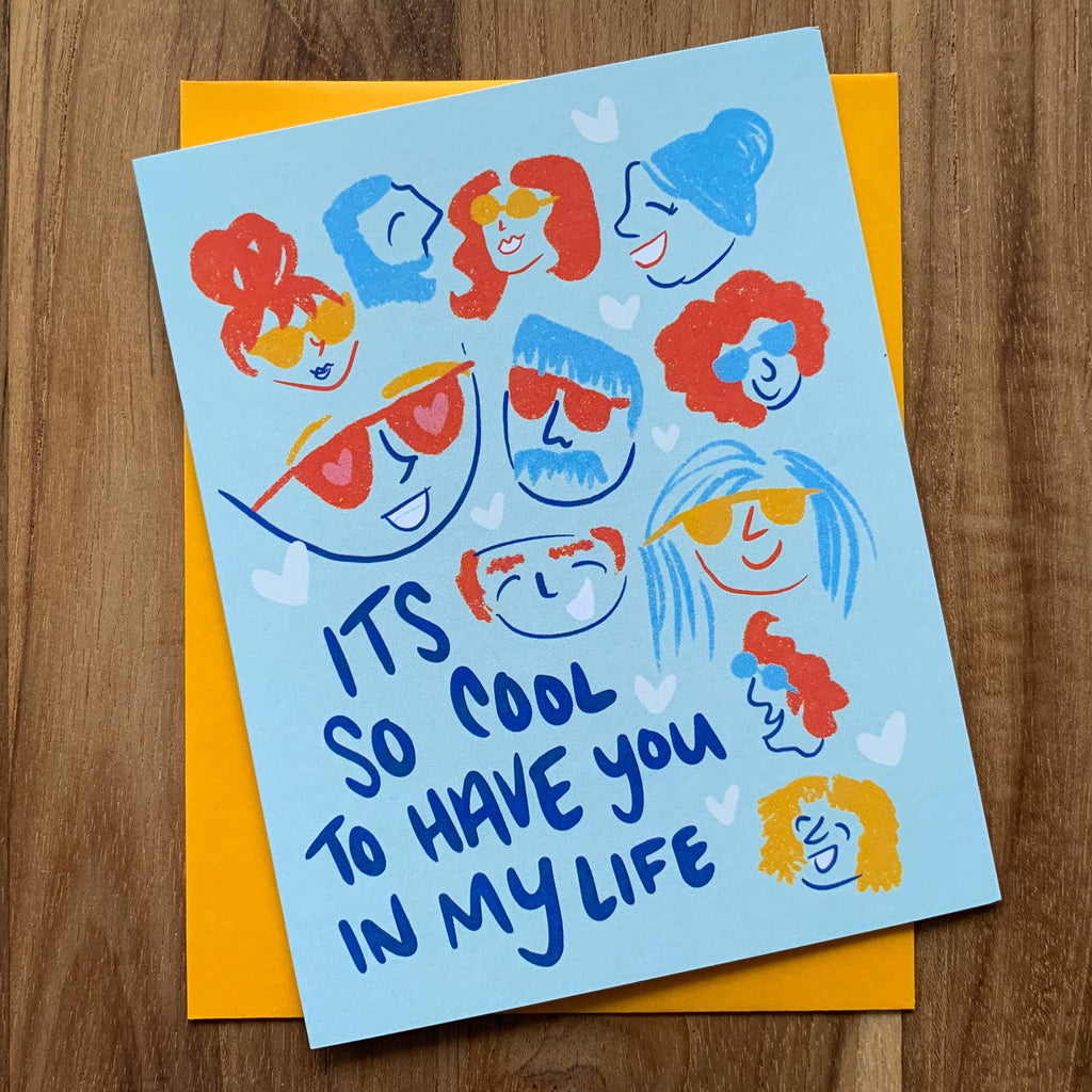 So Cool to Have You In My Life Card with baby blue background and line illustrations of people with blue and red hair