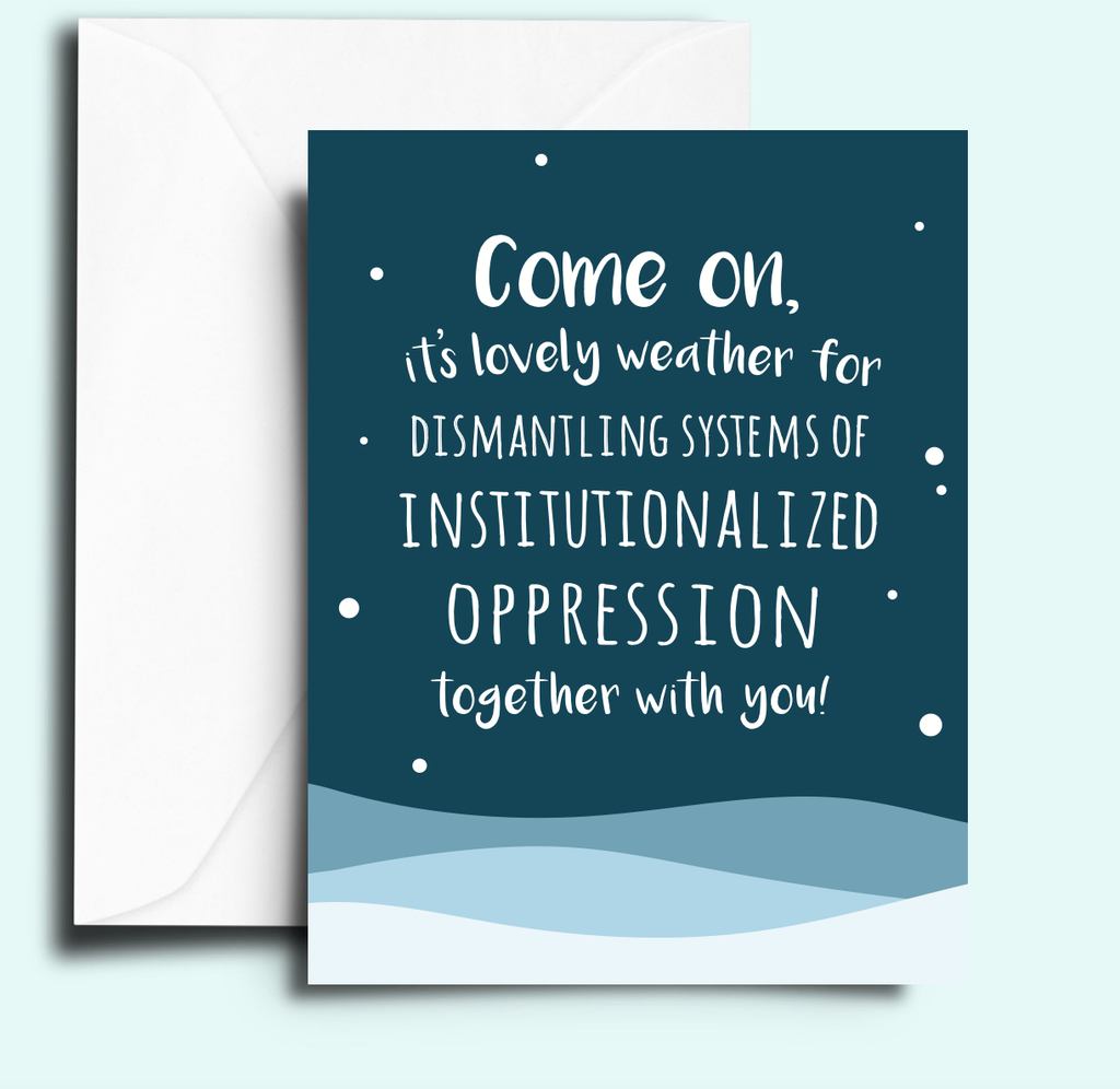 Christmas holiday card with blue snowy background and protest slogan