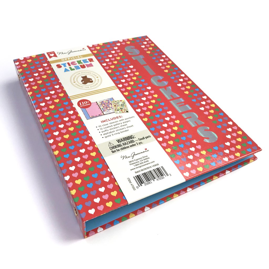Binder sticker album with red background and multicolored many hearts