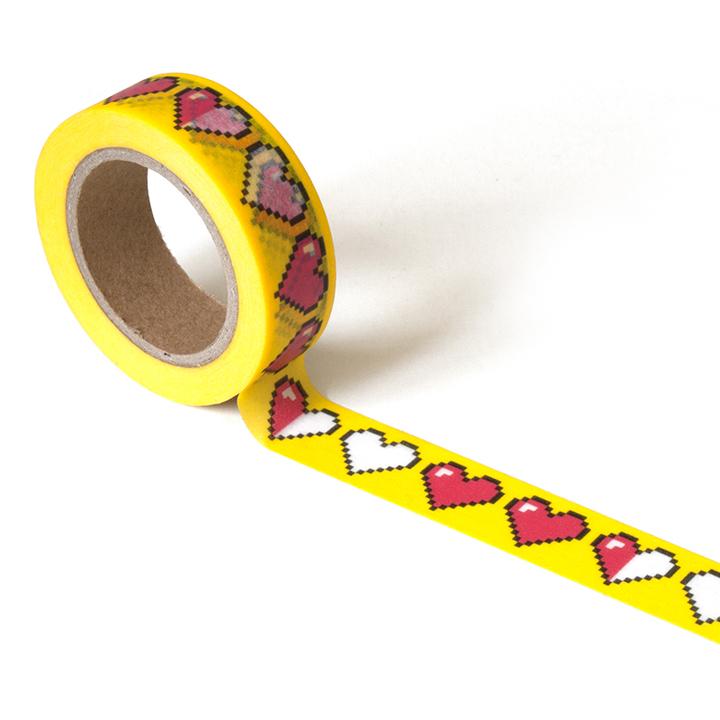 Yellow washi tape with 8-bit hearts in red and white