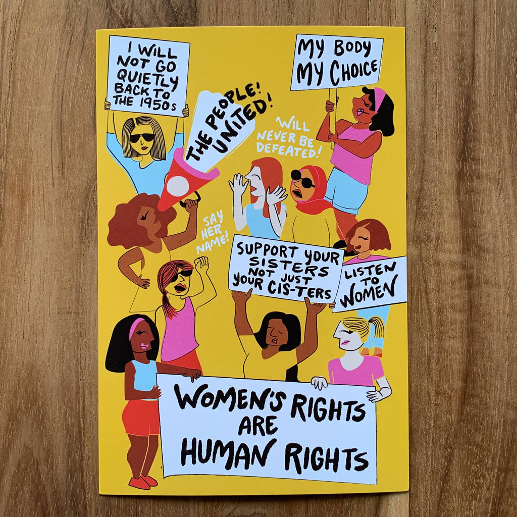 Vibrant protest postcard campaigning for women's rights
