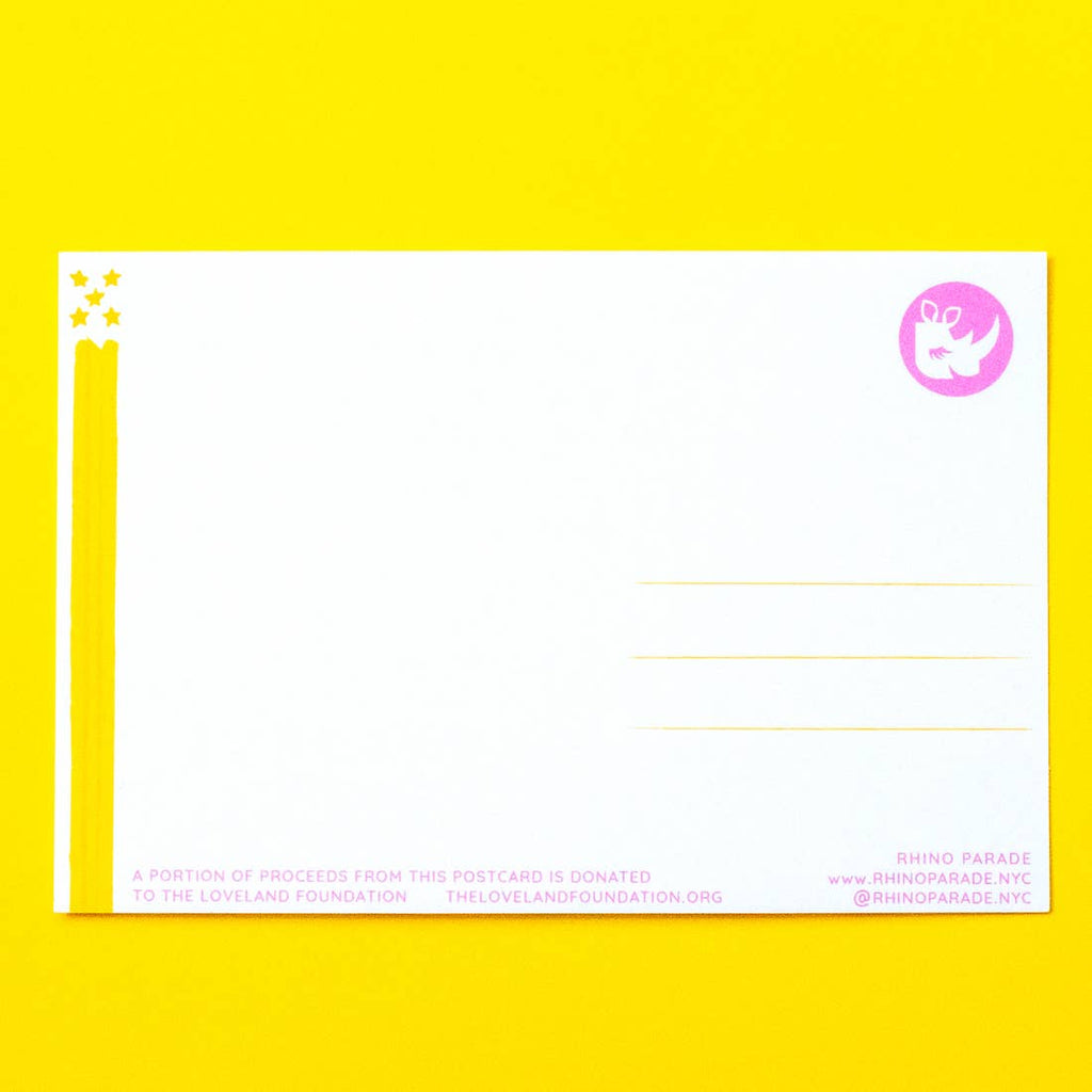 back of postcard. white back ground with three yellow lines