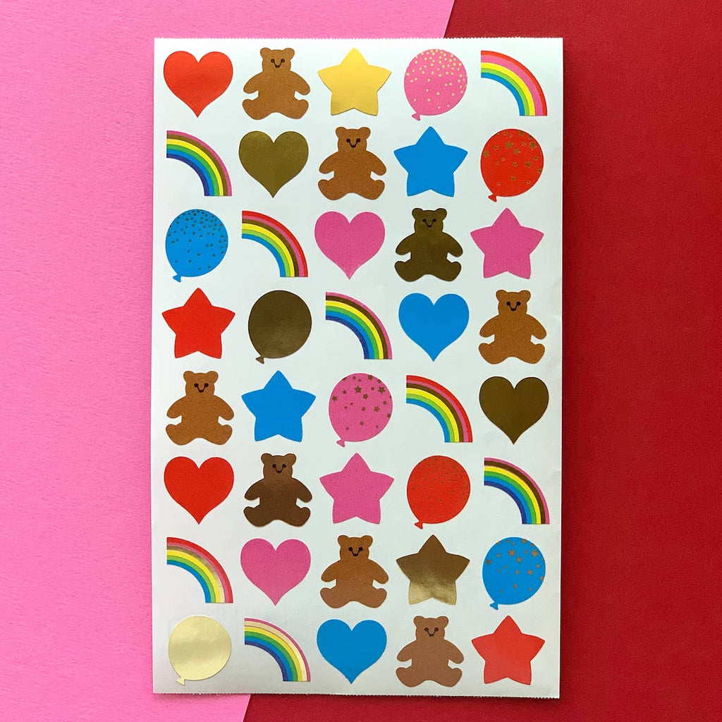 Image of sticker sheet that includes small bears, hears, stars and rainbows