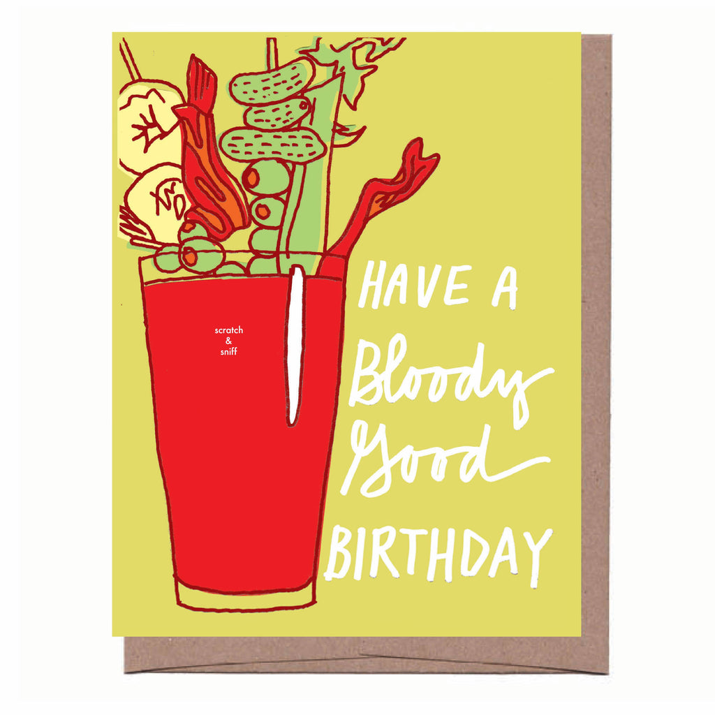 Scratch & Sniff Birthday Card with Bloody Mary cocktail illustration on front