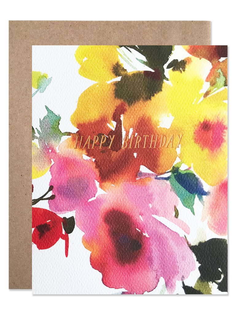 Birthday card with cream background and vibrant watercolor flowers