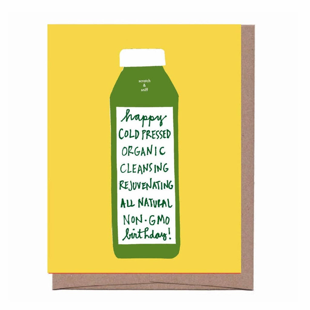scratch and sniff birthday card with green juice bottle on yellow back ground